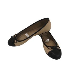 Merona Ballet Flats Tan w/ Black Toe and Black Cord Bow Decoration Size 7 NWOT